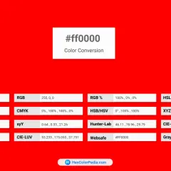 Intensywny czerwony kolor, oznaczony jako #ff0000, z wyświetlonymi różnymi konwersjami barw.