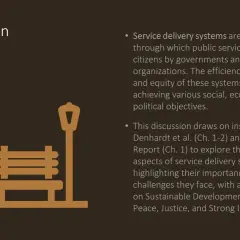 Introduction slide with a park bench icon. Explains why public administration is important for service delivery and achieving social, economic, and political goals.