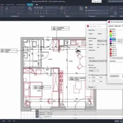 Aplikacja do projektowania wnętrz w programie AutoCAD, z widocznym oknem edytora stylów wydruku i planem mieszkania.
