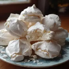Stos białych, chrupiących bez na talerzyku. Idealne na deser, gdy masz ochotę na coś słodkiego. Prosty beza przepis to klucz do sukcesu!