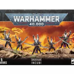Pięć wojowników Drukhari Incubi, uosobienie mrocznej siły, gotowych do ataku w świecie Warhammer 40,000.