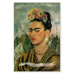 Self-portrait by Frida Kahlo, a renowned artist like Frida Kahlo, adorned with flowers and a thorny necklace, holding a ribbon with text.