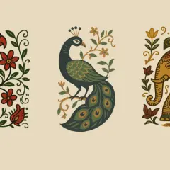 Un perroquet vert, un paon et un éléphant décoré, dans un style motif tissu indien aux couleurs vives.