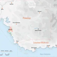 Mapa Lazurowego Wybrzeża z zaznaczonymi miastami takimi jak Marsylia, Cannes, Nicea i Monako.