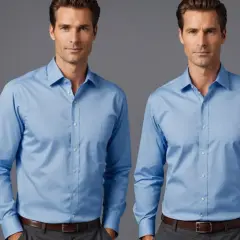Deux hommes portent des chemises bleues sans repassage, parfaites pour un style impeccable sans effort.