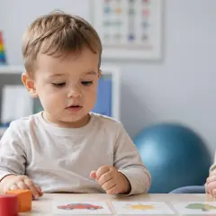 Dwulatek nie pokazuje palcem, ale z uwagą przygląda się kartom z obrazkami. Obok siedzi kobieta.
