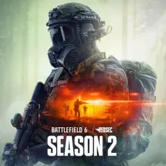 Soldat mit Gasmaske und Waffe, im Hintergrund eine brennende Szene. Battlefield 6 Season 2.