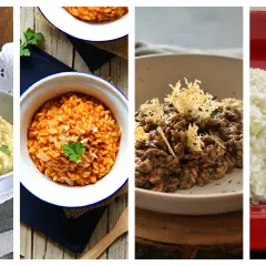 Cuatro deliciosos **arroz italiano tipos**: cremoso, con tomate, de chocolate y blanco.
