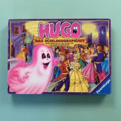 Das Cover des Hugo Spiels zeigt ein rosa Gespenst, das eine Ballgesellschaft erschreckt. Wer ist mutig genug, sich vor Hugo in Sicherheit zu bringen?