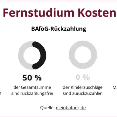 Grafik zeigt BAföG-Rückzahlung für ein Fernstudium: 50% zurückzuzahlen, 50% rückzahlungsfrei, 0% Kinderzuschläge, 21% Rabatt bei Komplettzahlung.