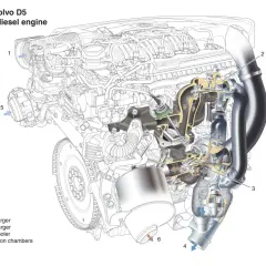 Schemat silnika Volvo 2.4 D5 twin-turbo diesel. Widok przekroju z zaznaczonymi elementami: turbosprężarki, intercooler, dolot powietrza.