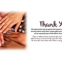 A diverse group of hands are stacked together, symbolizing unity. Text reads "Thank You!" and expresses appreciation for volunteers' service to the community.