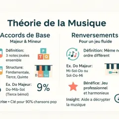 Infographie sur la théorie musicale, expliquant les accords de base et leurs renversements pour un jeu fluide. Maîtriser ces accords est la clé pour comprendre la musique.