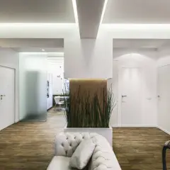 Interni moderni con pilastri in cartongesso che creano nicchie decorative e un'elegante parete divisoria con piante.
