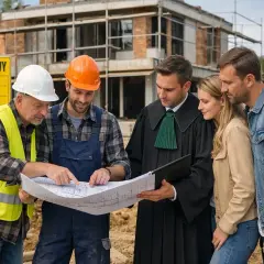 Grupa osób w kaskach i togach ogląda plany budowy na placu budowy.