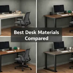 Four desks showcase different desk wood types: light oak, walnut, cherry, and dark oak.