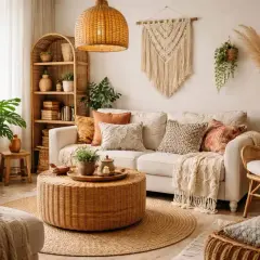 Przytulny salon w stylu boho z wiklinowymi meblami, makramą na ścianie i mnóstwem roślin. Inspiracja stylem Memphis w naturalnych materiałach.