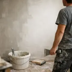 Remont trwa, a pytanie "ile schnie szpachla gipsowa" jest kluczowe. Na zdjęciu widać ściany po nałożeniu masy, wiadro z resztkami i narzędzia.