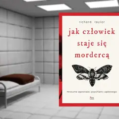 Książka "Jak człowiek staje się mordercą" Richarda Taylora, z motywem ćmy śmierci, w tle szpitalnej sali.