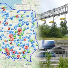 Mapa Polski z zaznaczonymi punktami odcinkowego pomiaru prędkości na A1 i innymi drogami. Kamery nad autostradą monitorują ruch.