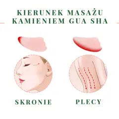 Ilustracja pokazuje kierunki masażu kamieniem gua sha na oczy, skronie, plecy i nogi.