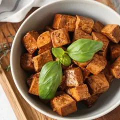 A bowl of glazed, cubed japanese tofu, garnished with fresh basil leaves, sits on a wooden tray next to chopsticks.
