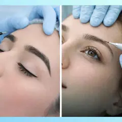 Proceso de microblading cejas. Manos enguantadas trabajan en las cejas de una mujer para un resultado natural y definido.