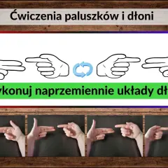 Ćwiczenie chwytu: naprzemienne układy dłoni, pokazane na rysunkach i zdjęciach.