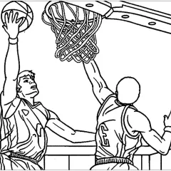 Dos jugadores de baloncesto en acción, listos para ser coloreados. ¡Perfectos dibujos de baloncesto para colorear!