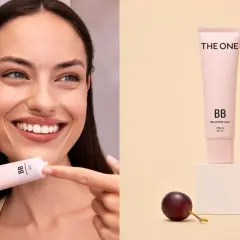 Glad kvinna med en tub BB cream. Jämförelse mellan bb cream vs cc cream.