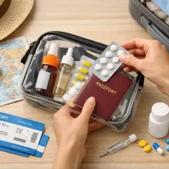 Przygotowanie do podróży: jak przewozić leki w samolocie. W kosmetyczce paszport, tabletki, spraye i termometr.