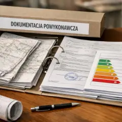 Teczka z napisem "DOKUMENTACJA POWYKONAWCZA" zawiera mapy, raporty i certyfikat energetyczny.