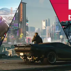 Kompilacja scen z gier podobnych do Cyberpunk: haker w mieście, futurystyczny samochód i postać w masce.