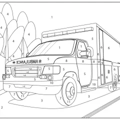 Ambulancia para colorear con números. Un vehículo de emergencia listo para ser pintado, con árboles y carretera al fondo.