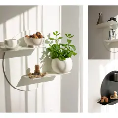 Mensole senza chiodi, minimaliste e moderne, con oggetti di uso quotidiano come tazze, spezie e piante.