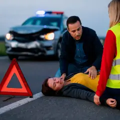 Un hombre y una mujer asisten a una persona en el suelo tras un accidente de coche. Triángulo de emergencia visible. Saber qué hacer en caso de accidente de coche es vital.