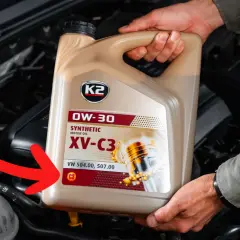 Olej silnikowy K2 XV-C3 0W-30, spełniający normę VW 504.00/507.00. Co oznacza acea c3? To klasyfikacja oleju niskopopiołowego.