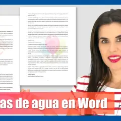Mujer sonriente con texto "Marcas de agua en Word" y logo de Microsoft Word.