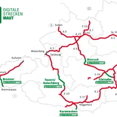 Mapa Austrii z zaznaczonymi drogami płatnymi. Widać tunele w Austrii, np. Arlberg, Tauern, Karawanken.
