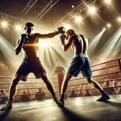 Two boxers clash in a dramatic, spotlight-lit ring. One throws a punch, his stance suggesting an unorthodox meaning in boxing, as a roaring crowd watches.