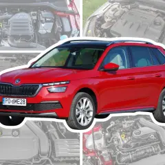 Czerwona Skoda Kamiq na tle silników. Test SUV-a z silnikiem TSI.