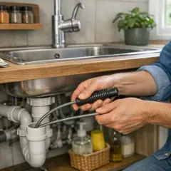 Un homme utilise un furet pour déboucher une canalisation sous un évier. Il manipule l'outil avec soin pour résoudre le problème.