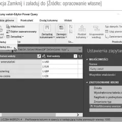 Edytor Power Query pokazuje kursy walut, gdzie użytkownik wybiera opcję "Zamknij i załaduj do...", aby przetworzyć dane.
