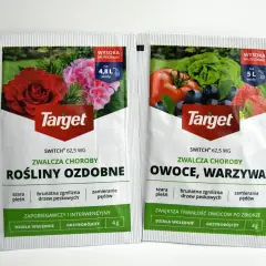 Opakowania fungicydu SWITCH 62,5 WG. Jedno na choroby roślin ozdobnych, drugie na owoce i warzywa. Stosować na 4,8-5L wody.