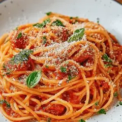 Ein Teller Spaghetti Napoli mit Tomatensauce, Basilikum und Parmesan.
