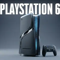 Futurystyczna konsola PlayStation 6 z niebieskimi akcentami i kontrolerem.