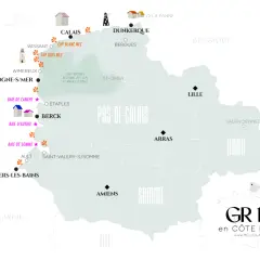 Carte du GR 120 en Côte d'Opale, Hauts-de-France. Points d'intérêt : Calais, Boulogne-sur-Mer, Baie de Somme, Dunkerque, Lille.
