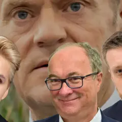 Twarze polityków na tle twarzy Tuska. Czy Tusk to lewica czy prawica? Dyskusja trwa.