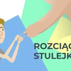 Ilustracja pokazuje, jak rozciągać napletek za pomocą specjalnego przyrządu. Młody mężczyzna z uśmiechem na twarzy trzyma narzędzie, które delikatnie naciąga skórę.
