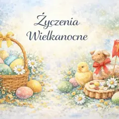 Wesołych Świąt Wielkanocnych! Koszyk z pisankami, kurczaczek i baranek z chorągiewką.
